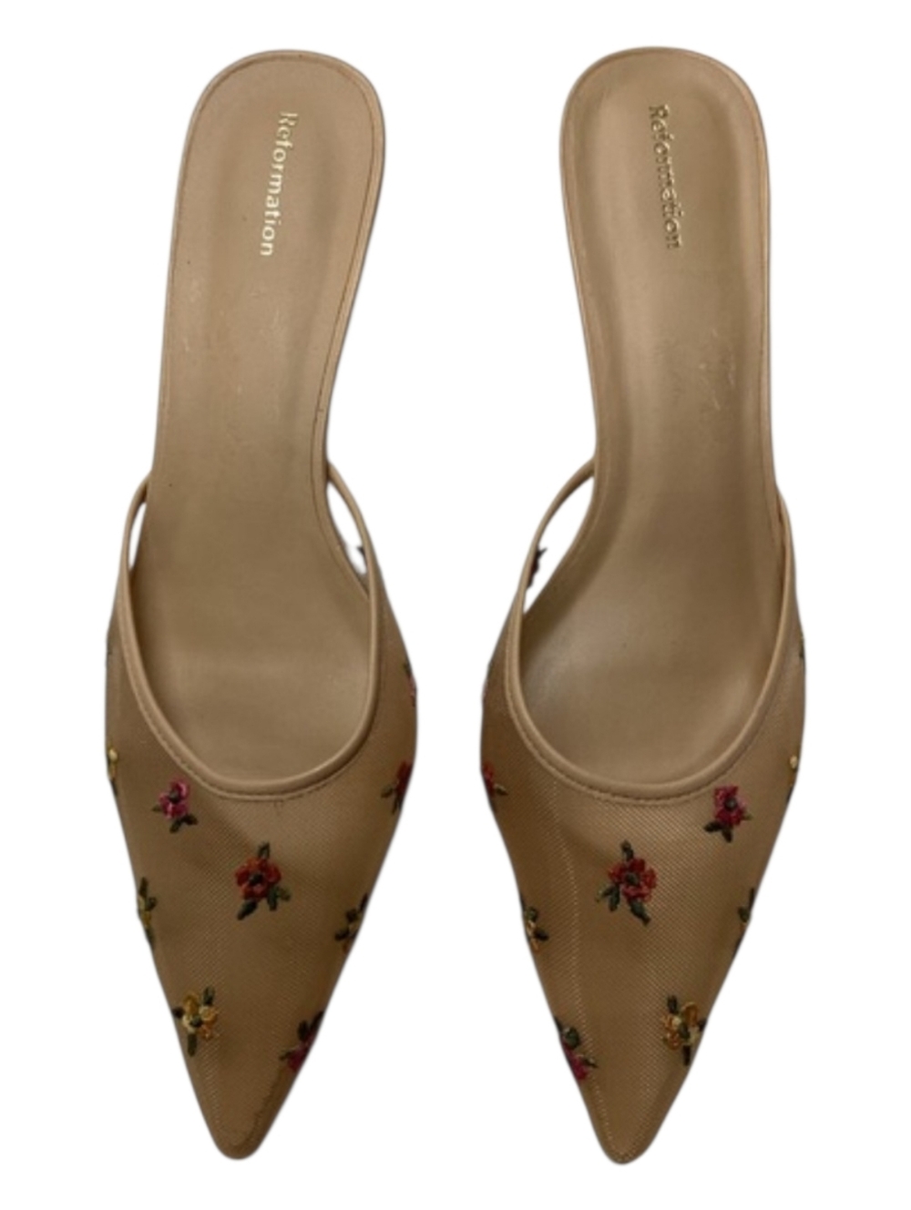 Reformation Wilda Floral Pointed Toe Kitten Mule In Beige Size 9